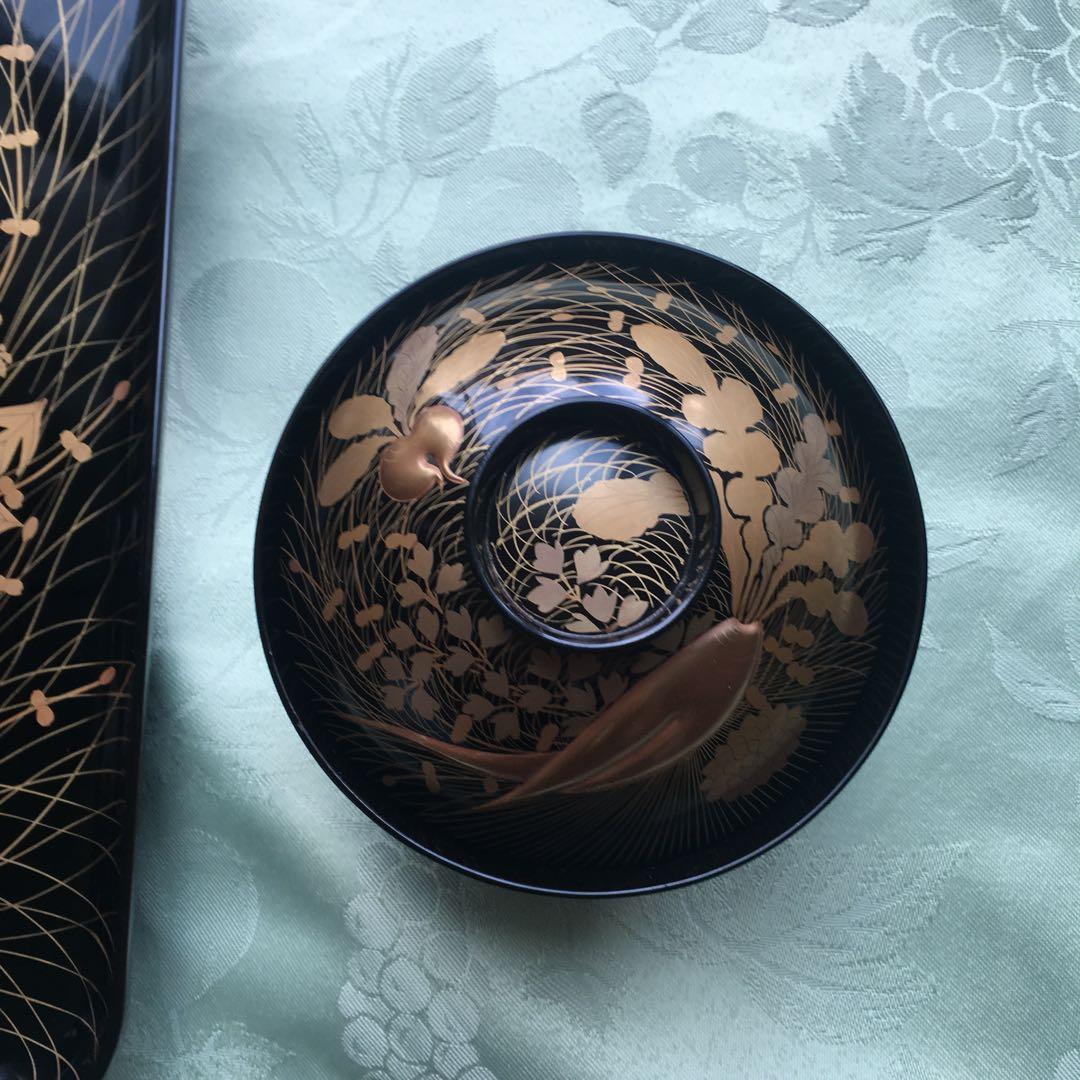 逸品　極上春の七草蒔絵　四方脚付膳　蓋付碗セット　A