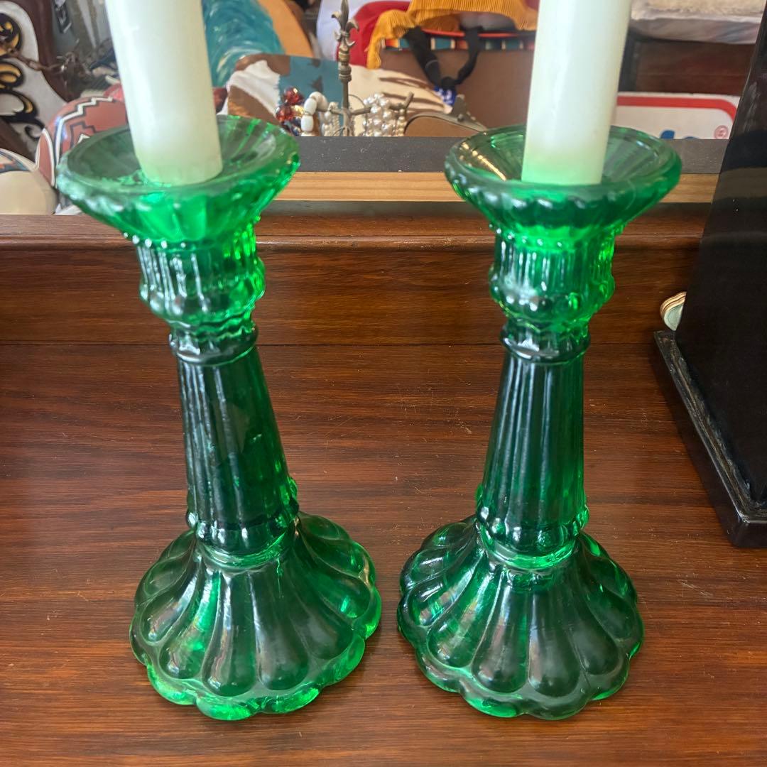 貴重！20's〜30's アメリカアンティーク燭台キャンドル　グリーンガラス2個