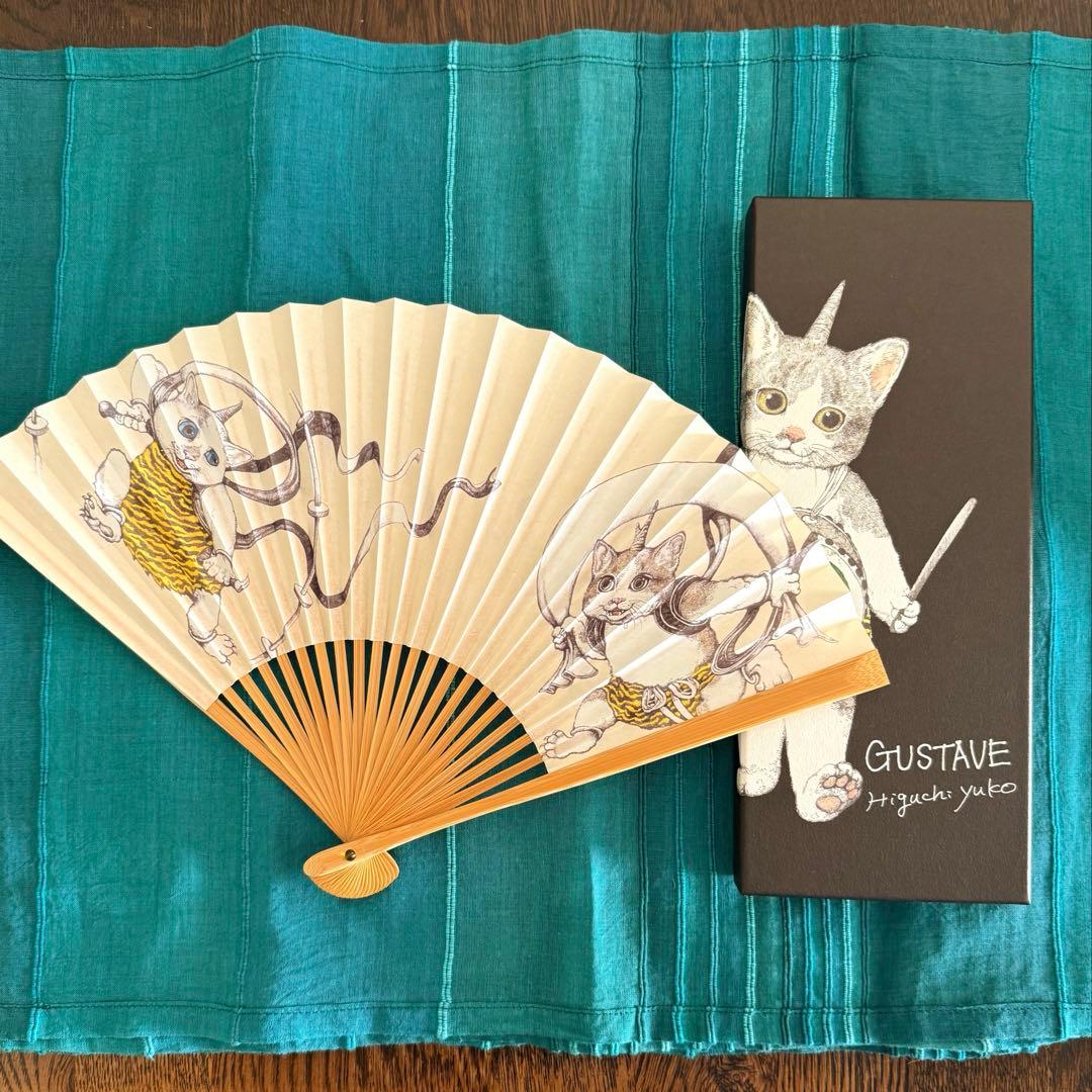 ヒグチユウコ GUSTAVE 風神雷神 猫の扇子 専用箱付き 未使用