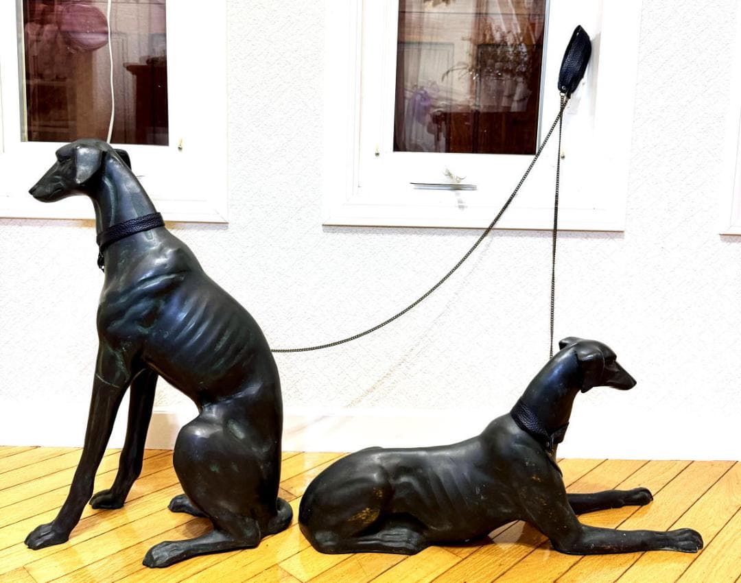 ウィペット犬等身大 緑青 ブロンズ像 彫刻 2体 銅製 時代物 WWST045