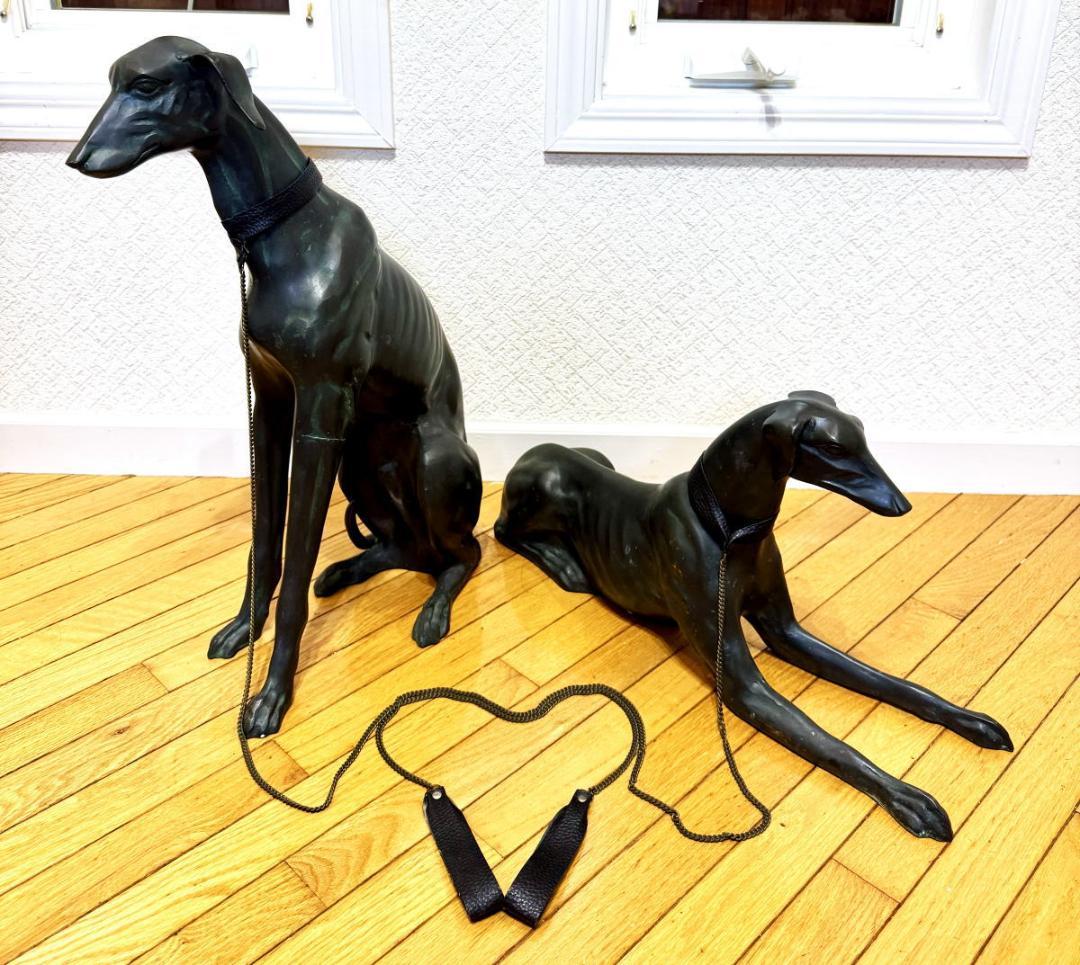 ウィペット犬等身大 緑青 ブロンズ像 彫刻 2体 銅製 時代物 WWST045