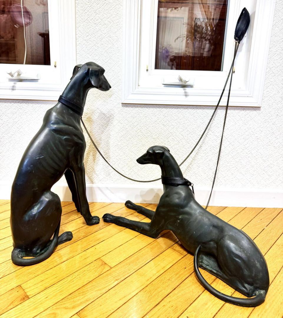 ウィペット犬等身大 緑青 ブロンズ像 彫刻 2体 銅製 時代物 WWST045