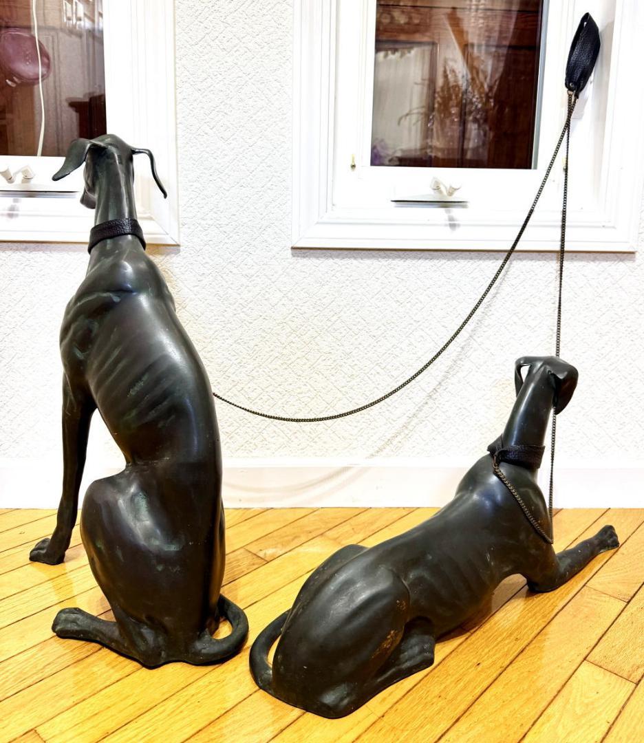 ウィペット犬等身大 緑青 ブロンズ像 彫刻 2体 銅製 時代物 WWST045