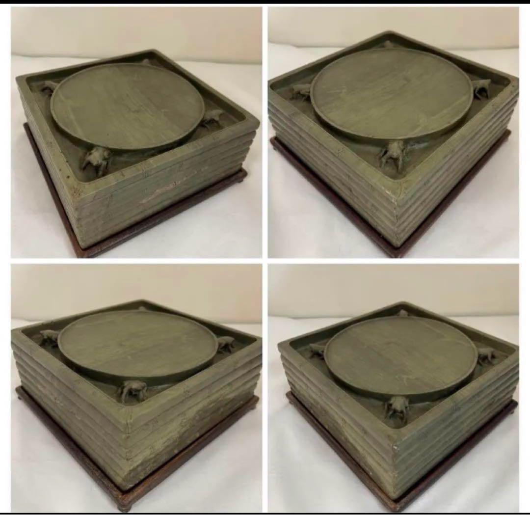 [極上品] 中国 古硯　清時代【費丹旭】在銘/緑端渓硯　蛙図　細密彫刻　書道具