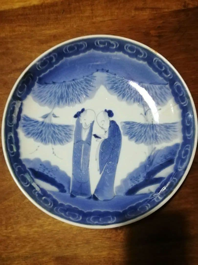 年代物、古伊万里(江戸中期～後期)(富貴長春)古伊万里染付七賢大皿