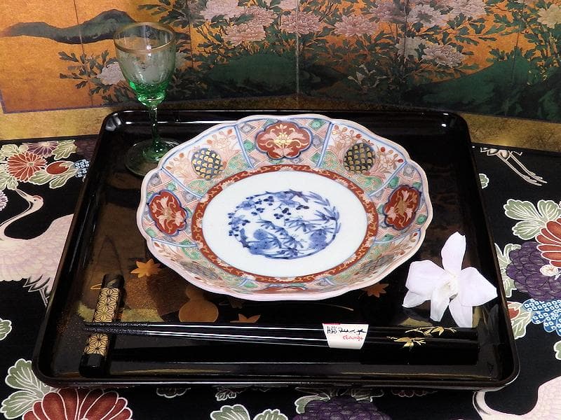 古伊万里　金襴手　松竹梅　菊花四方襷紋に花の図　６寸皿　N149AS-CYy