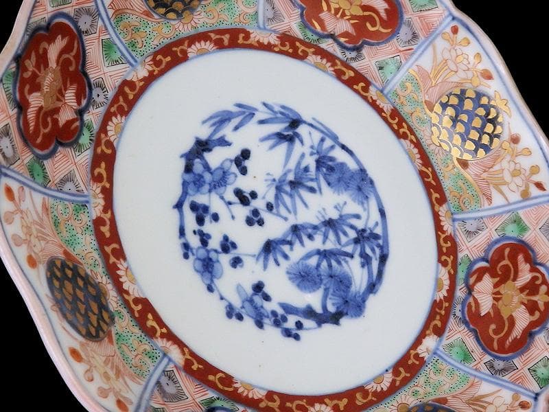 古伊万里　金襴手　松竹梅　菊花四方襷紋に花の図　６寸皿　N149AS-CYy