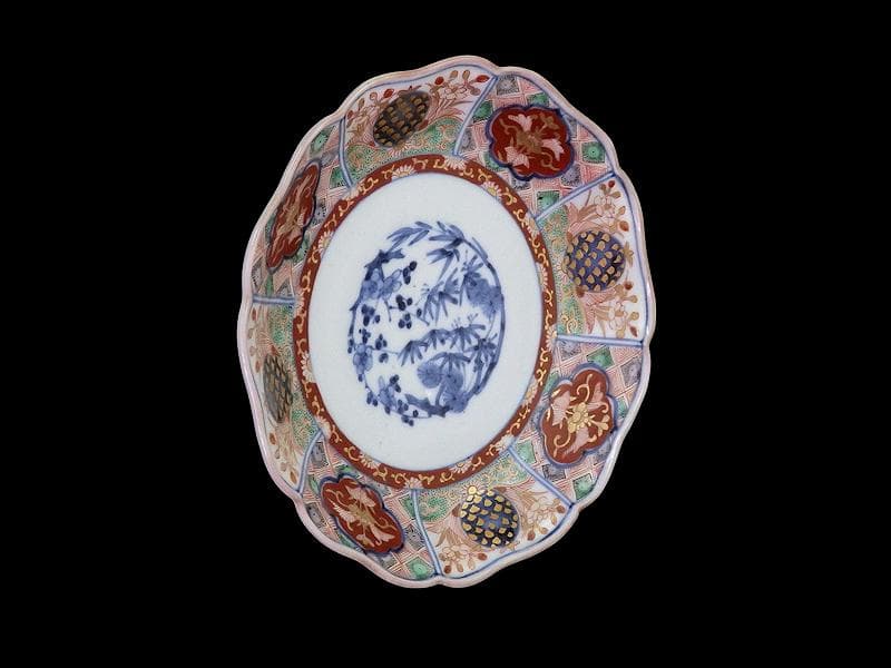 古伊万里　金襴手　松竹梅　菊花四方襷紋に花の図　６寸皿　N149AS-CYy