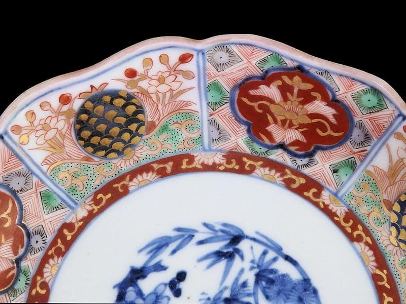 古伊万里　金襴手　松竹梅　菊花四方襷紋に花の図　６寸皿　N149AS-CYy