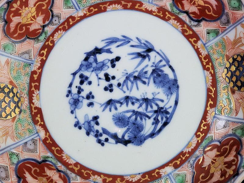 古伊万里　金襴手　松竹梅　菊花四方襷紋に花の図　６寸皿　N149AS-CYy