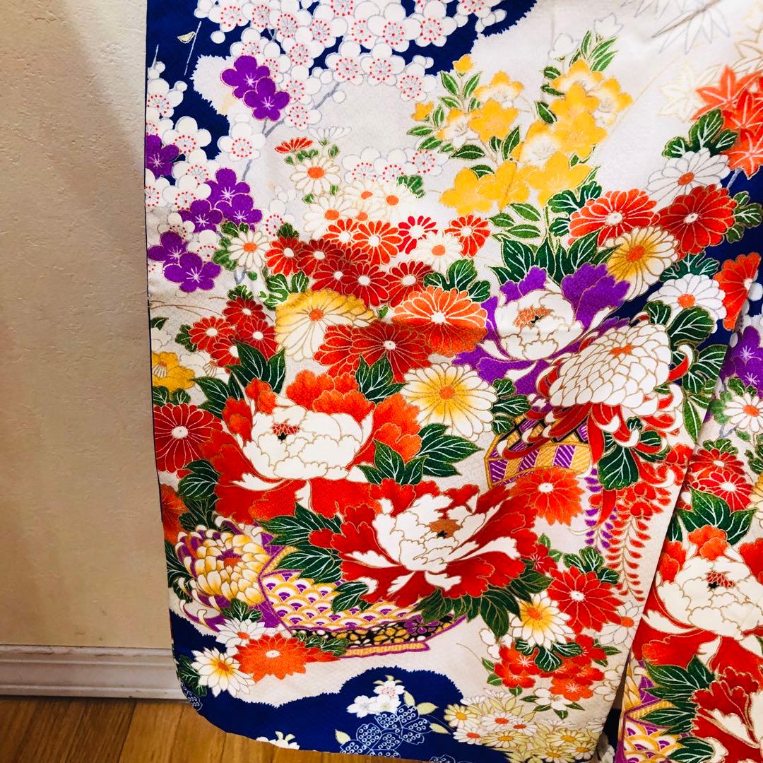 七五三 七歳‼️人気 Blueに花籠菊金彩煌びやか際立つ‼️安心フルセット