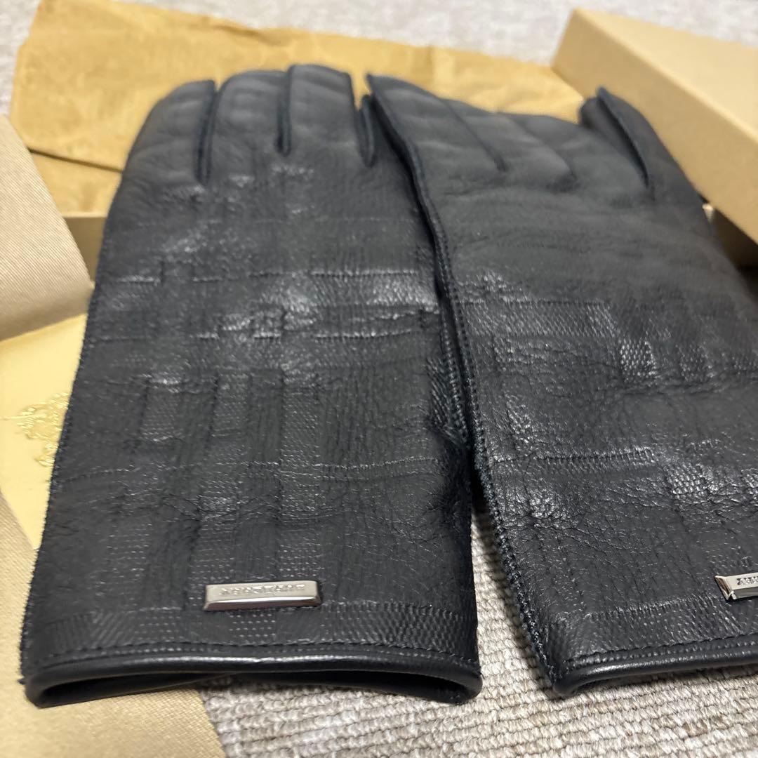 ☆バーバリー ロンドン☆メンズ☆シャドーバーバリーチェック黒レザー手袋☆