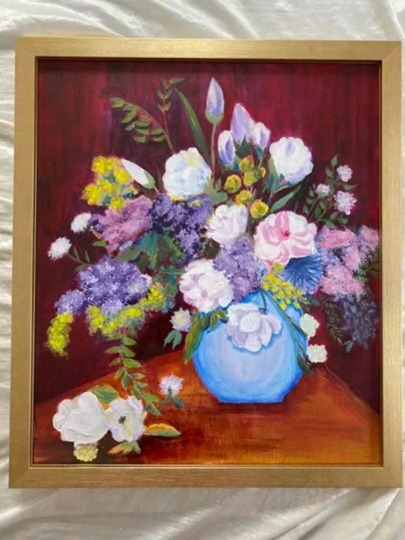 『ヴィンテージな花』オリジナル　絵画　額縁　インテリア　原画　油絵 花瓶