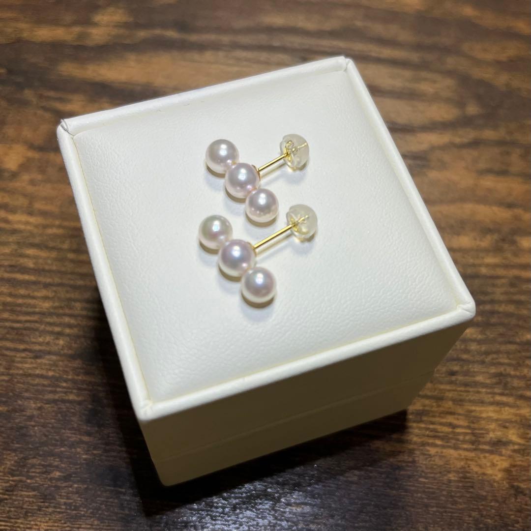 未使用 花珠級 あこや真珠ベビーパール 3連 パールピアス K18 3個並び