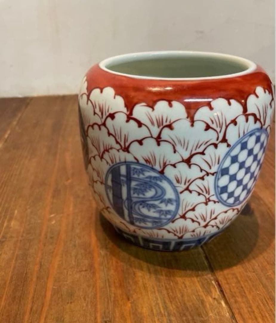 美品　伊万里　色絵　草花丸文　冨貴長春　鉢　火鉢　染付　小　年代物　焼物