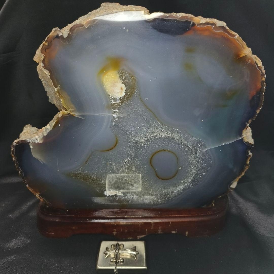 両面鑑賞石 木彫り台付メノウ 天然石瑪瑙 アゲート 風水グッズ コレクター放出