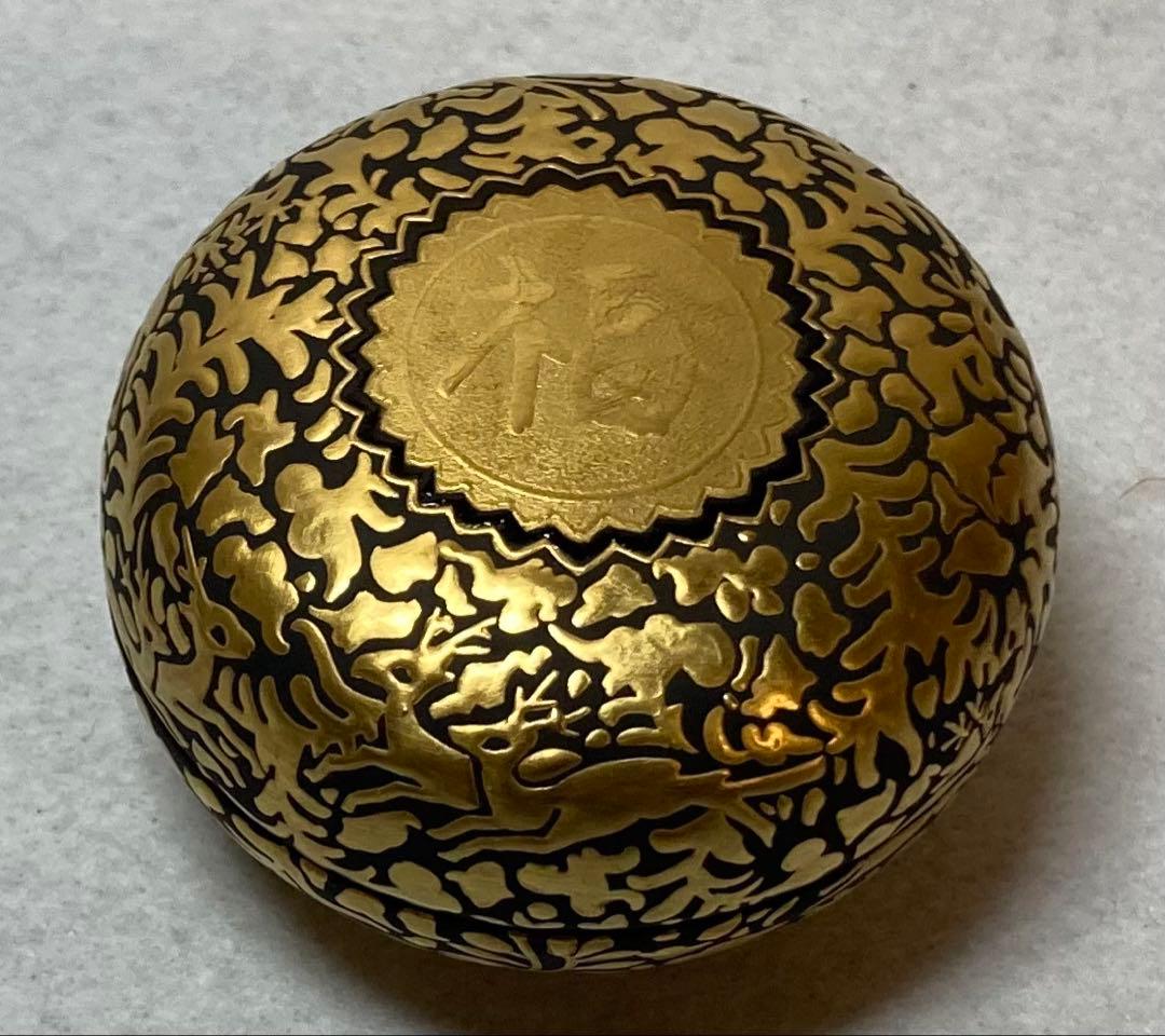 B403h「正倉院 香合」仲田錦玉作　共布共箱　錦芳書　福寿　盛金彩　九谷焼