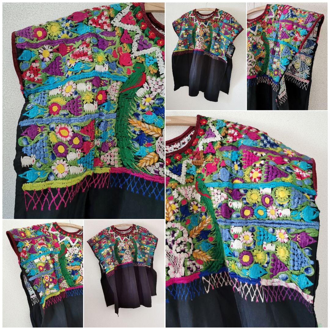 アンティークフランス購入 中米民族衣装 美しい手刺繍スモック 自然動植物モチーフ