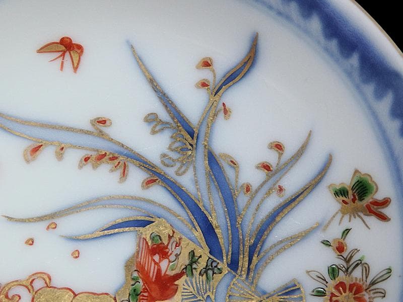 古伊万里　染錦　扇に蘭　蝶に撫子の図　４寸皿　５枚　D756AS-fbjc