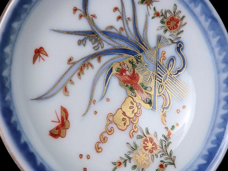 古伊万里　染錦　扇に蘭　蝶に撫子の図　４寸皿　５枚　D756AS-fbjc