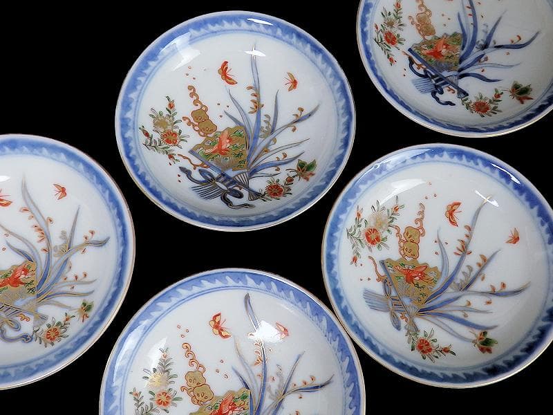 古伊万里　染錦　扇に蘭　蝶に撫子の図　４寸皿　５枚　D756AS-fbjc