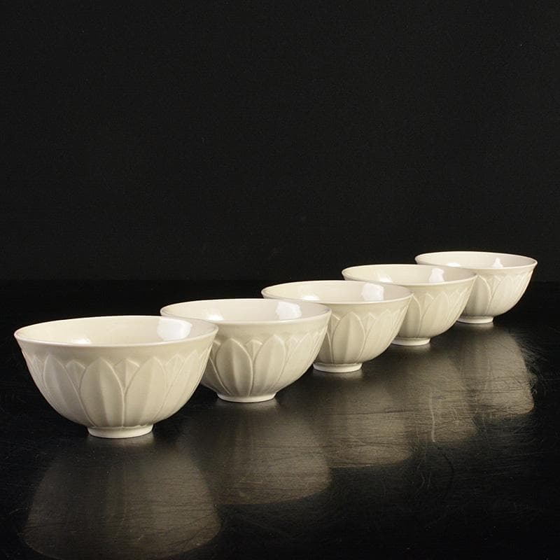 中国　徳化窯白磁　蓮弁刻　煎茶碗　盃　五客　M　8795E