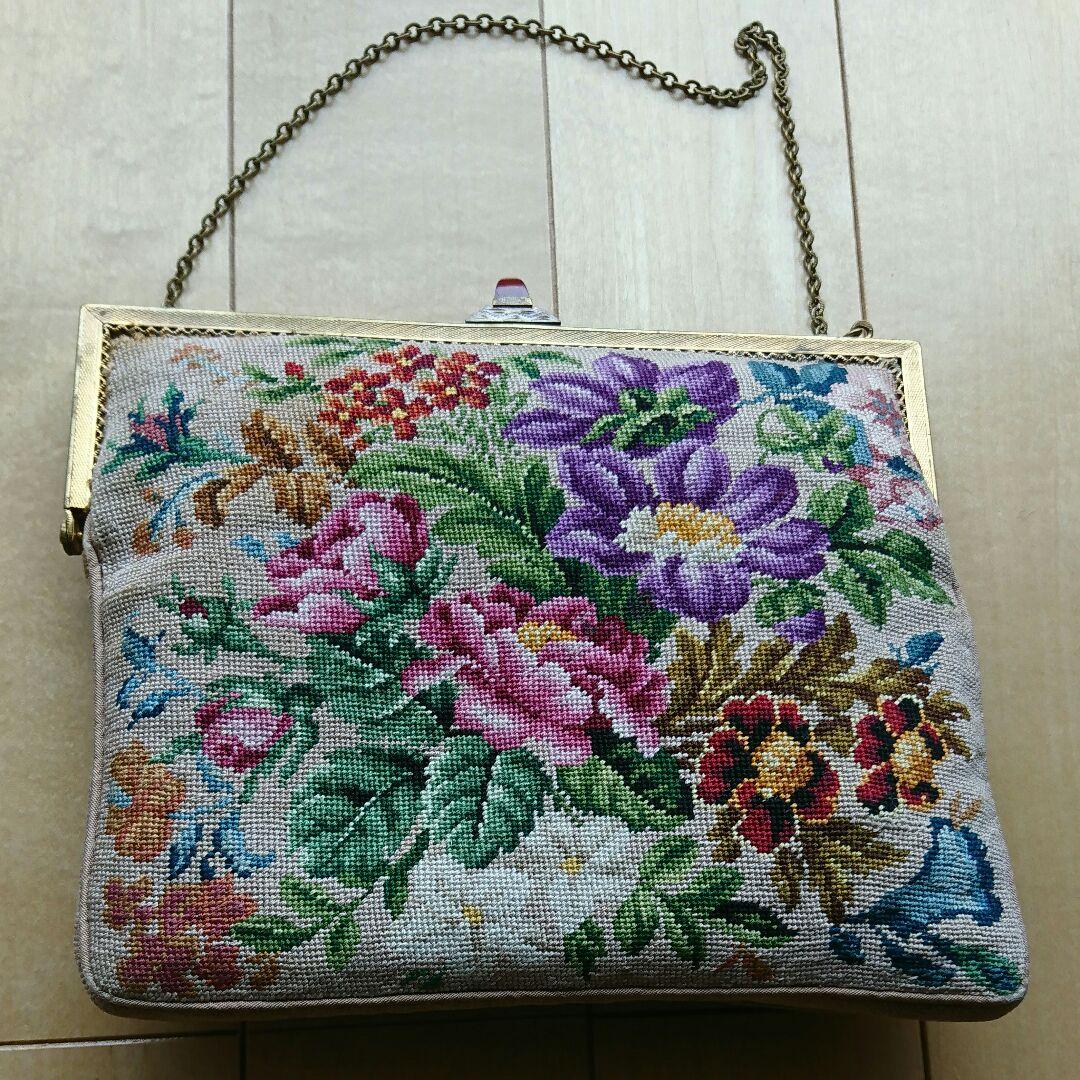 幸せバッグ、クリーニング済み、クロスステッチ、アンティークバッグ