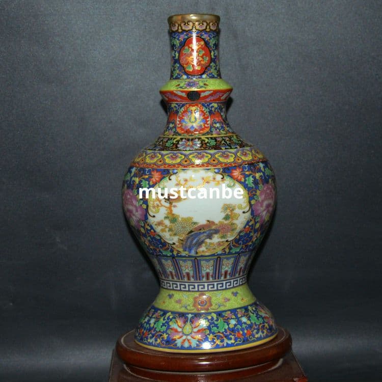 清雍正珐琅彩花鸟文描き金花瓶 景徳鎮 陶磁器 装飾品 現代工芸品 美術品 置物