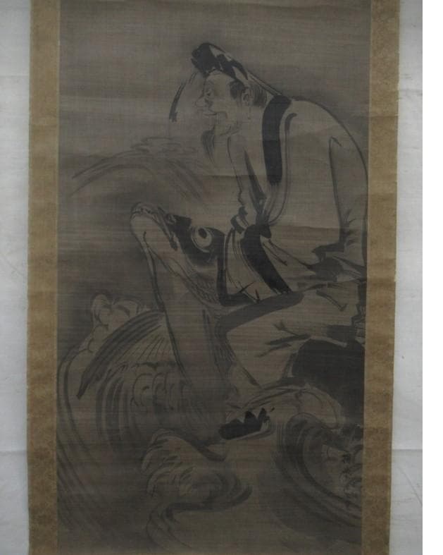 【真筆】★狩野探幽 『宮内卿法印』琴高仙人図 ★肉筆絹本 狩野派 検）雪舟