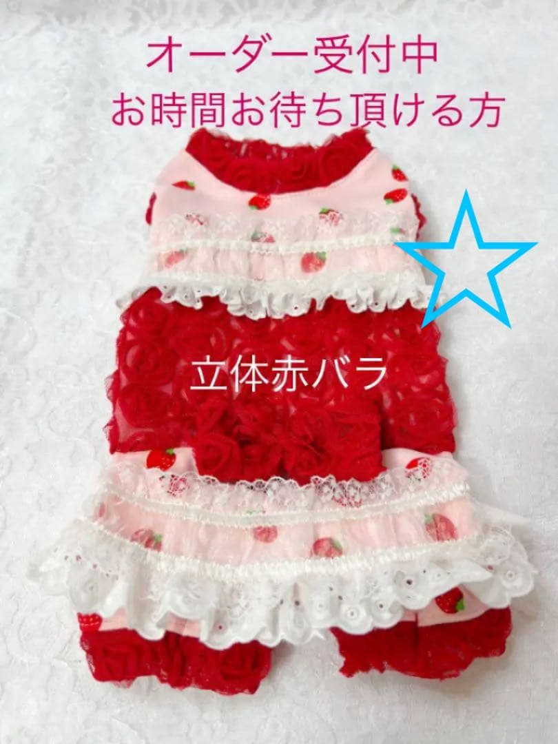犬服ハンドメイド♡いちご柄立体バラ♡ロンパース