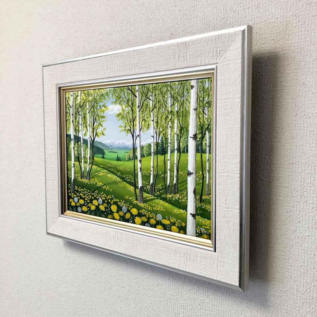 アクリル画　原画　「タンポポの咲くフィールド01」額縁付　F4サイズ　キャンバス