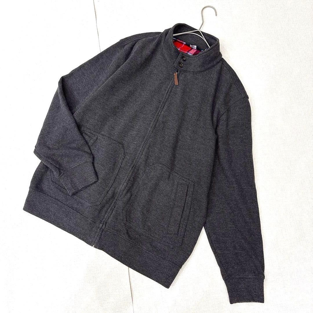 90s✨ランズエンド（XL）フルジップジャケット 本革トリム 裏地チェック灰色