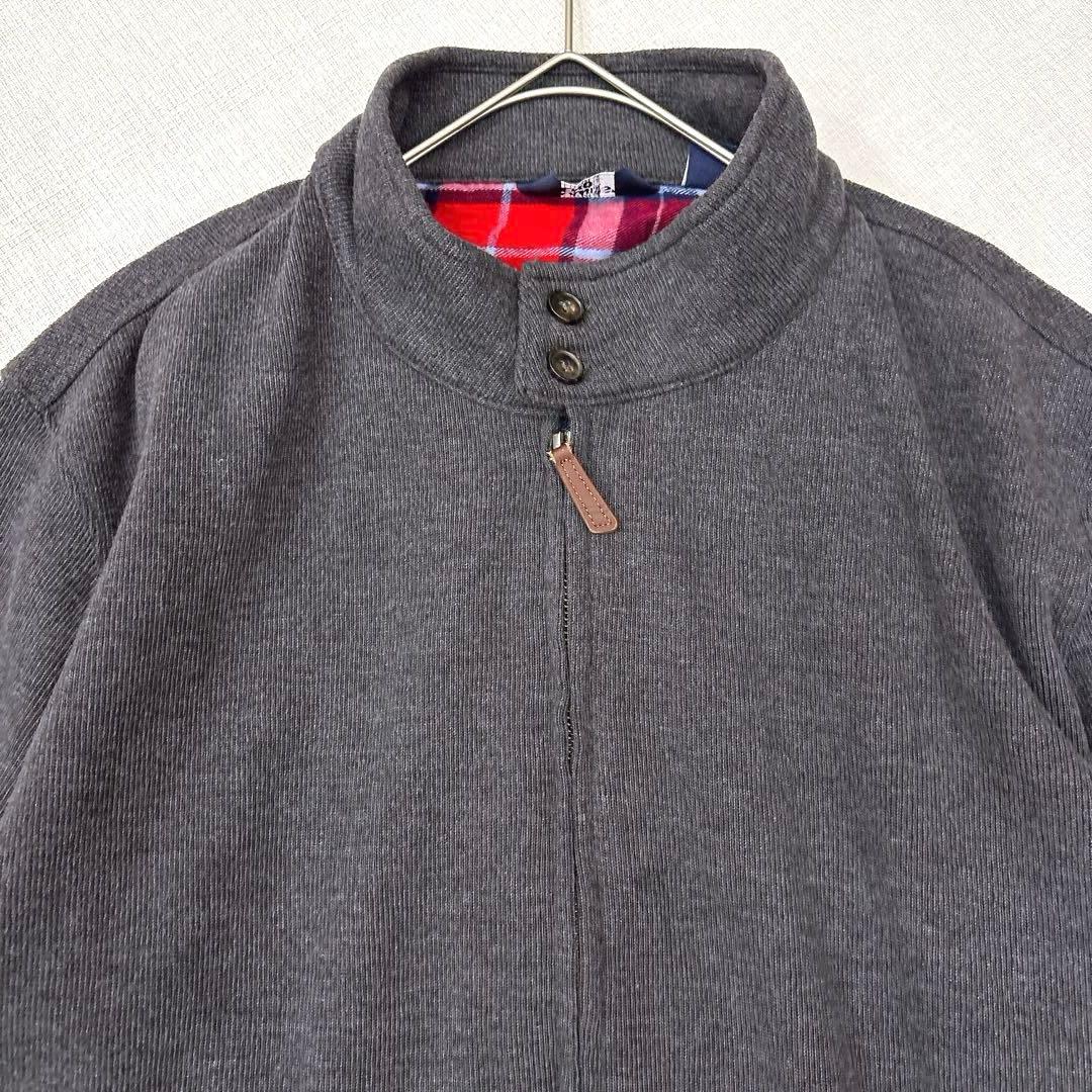 90s✨ランズエンド（XL）フルジップジャケット 本革トリム 裏地チェック灰色