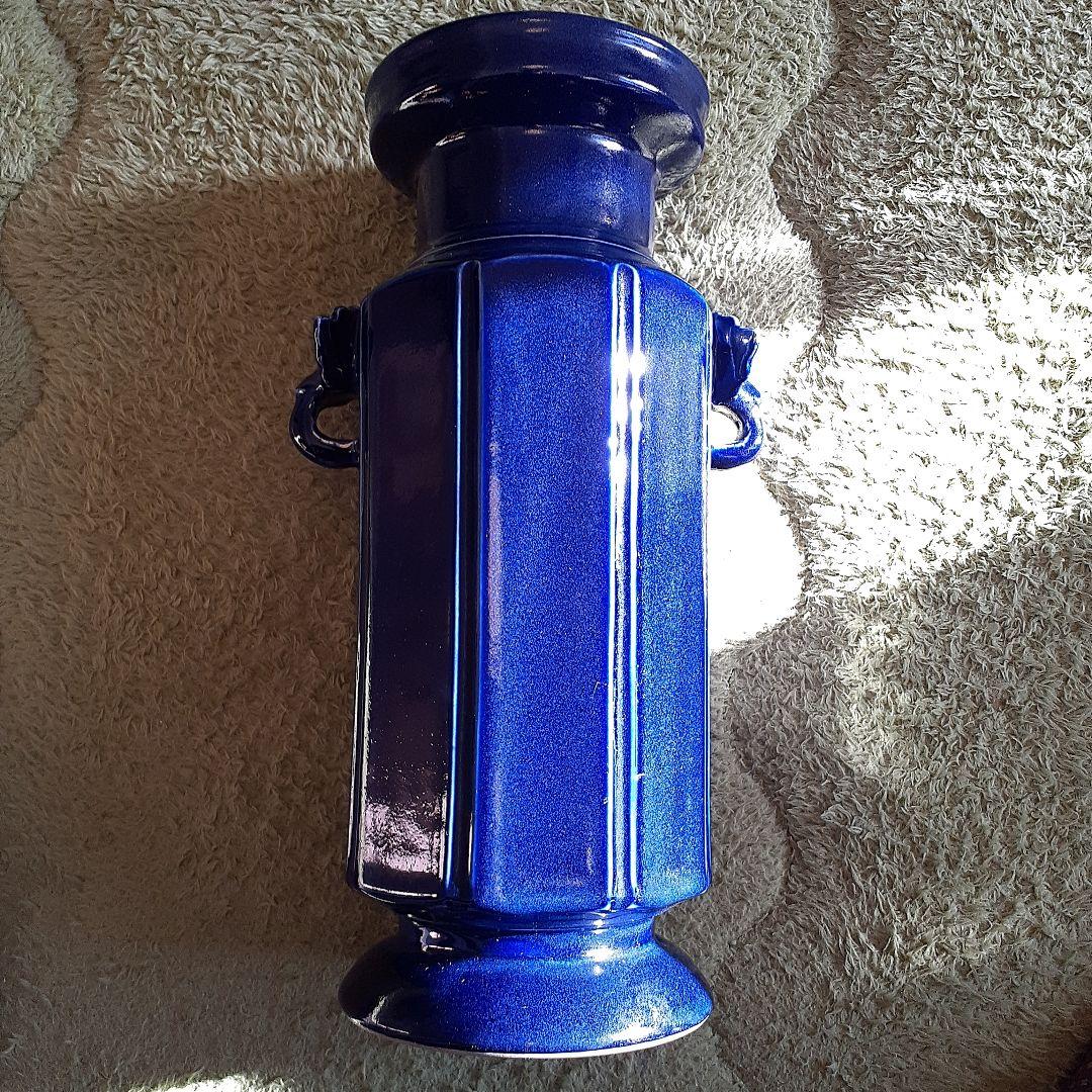 清朝瑠璃8面取り蜻蛉耳付き花入れ