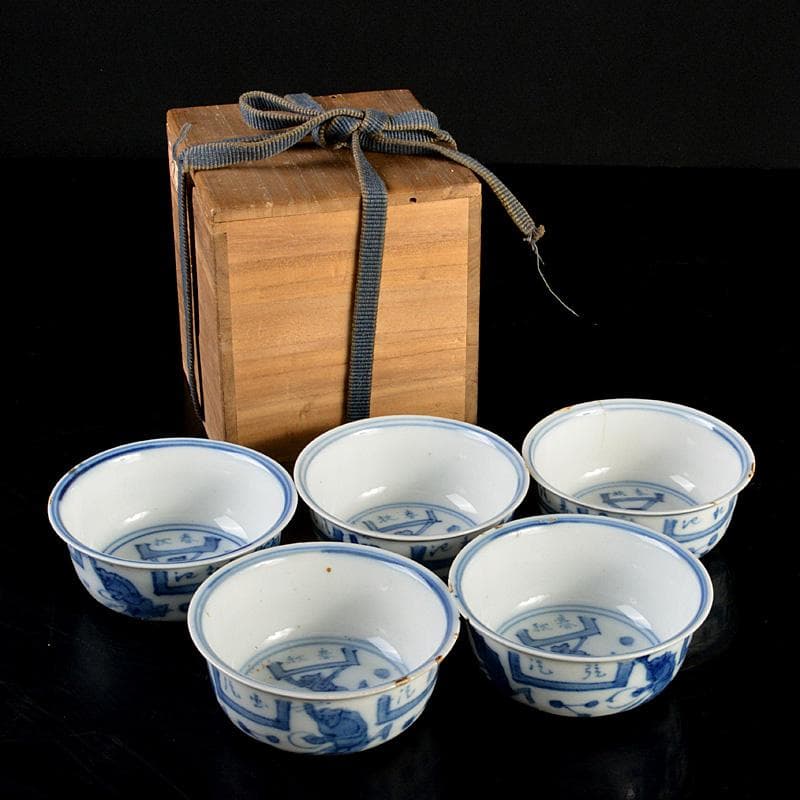 煎茶道具　青花染付　神獣文　煎茶器　五客　時代箱付　M　R7337