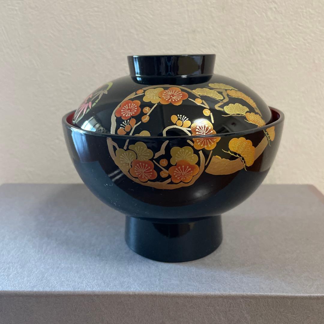 漆器 蓋付　椀5客セット 金色の松竹梅　花模様