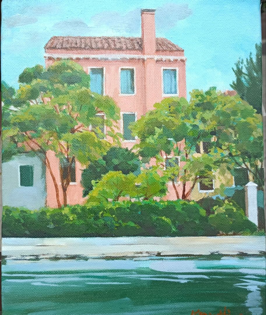 檜山健三　水辺の家（ヴェニス　3号油彩　梅田画廊出品作