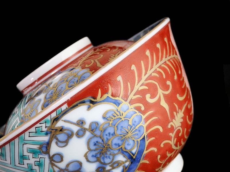 古伊万里　紗綾形紋に金唐草　丸紋に松竹梅の図　大振蓋茶碗　E807AS-CNy