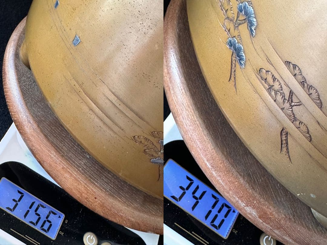 宣徳銅火鉢一対　三保の富士象嵌入れ　一対重量約6.6kg 共箱付