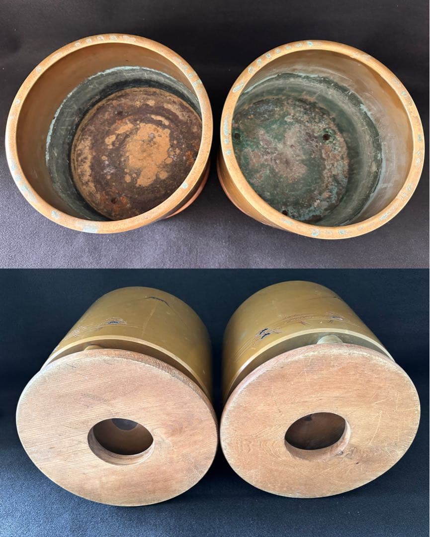 宣徳銅火鉢一対　三保の富士象嵌入れ　一対重量約6.6kg 共箱付