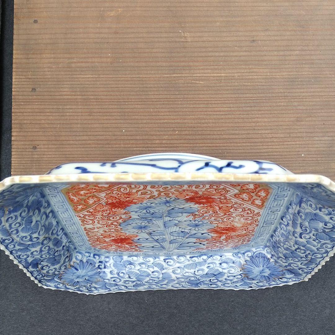 古伊万里線描菊花紋隅切り角皿