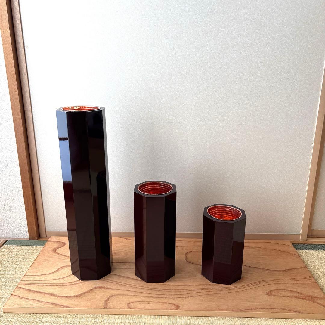 64 美品！短三管筒　3本セット　溜塗り　華道　生花　格花　花器