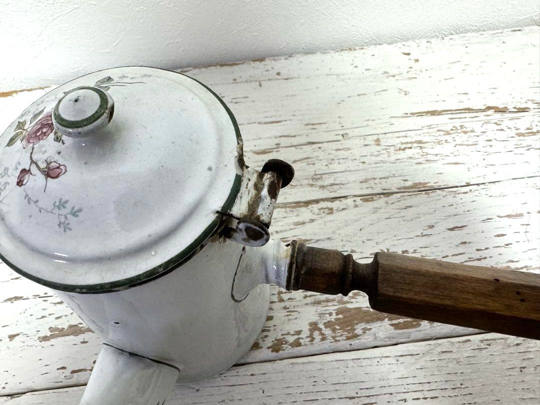 フランスアンティーク BB社 エナメル ホーローポット 薔薇柄 ショコラティエ