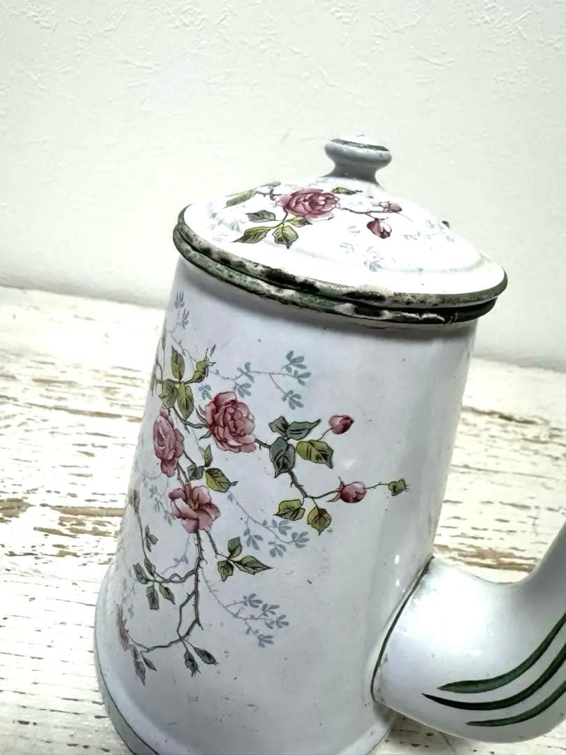 フランスアンティーク BB社 エナメル ホーローポット 薔薇柄 ショコラティエ