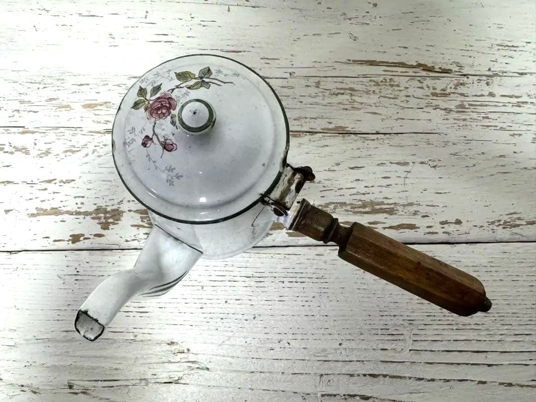 フランスアンティーク BB社 エナメル ホーローポット 薔薇柄 ショコラティエ