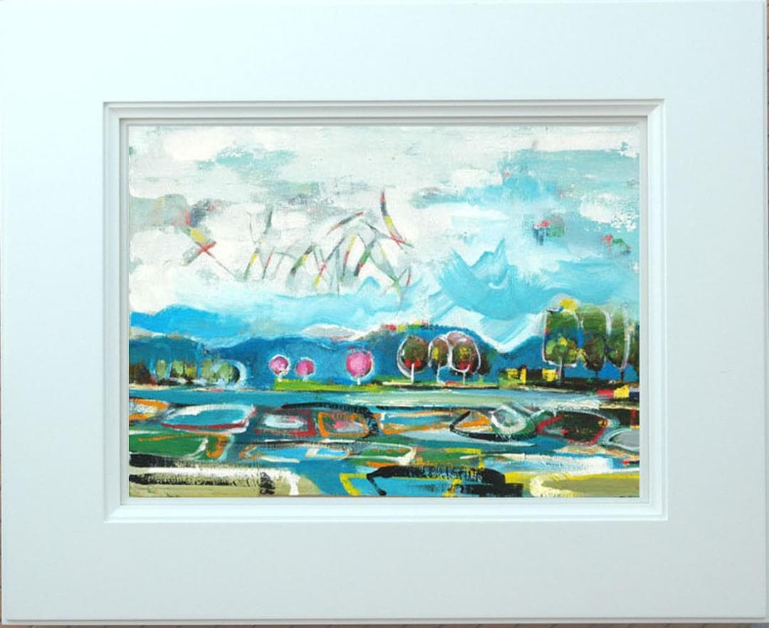 油絵 菅家令子 絵 絵画インテリア額付(青緑＋金色の枠)uF6-063003風景