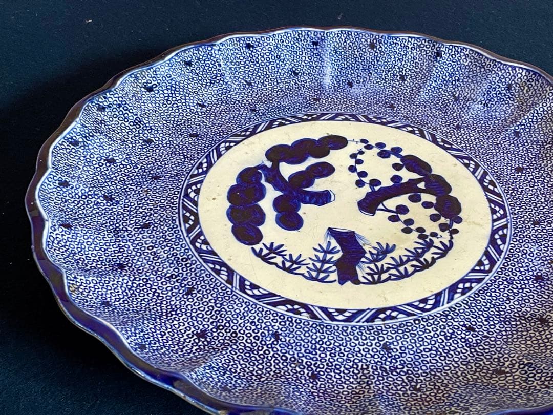 『母』 古伊万里 染付 印判 みじん唐草 尺4寸 大皿 （708D②）