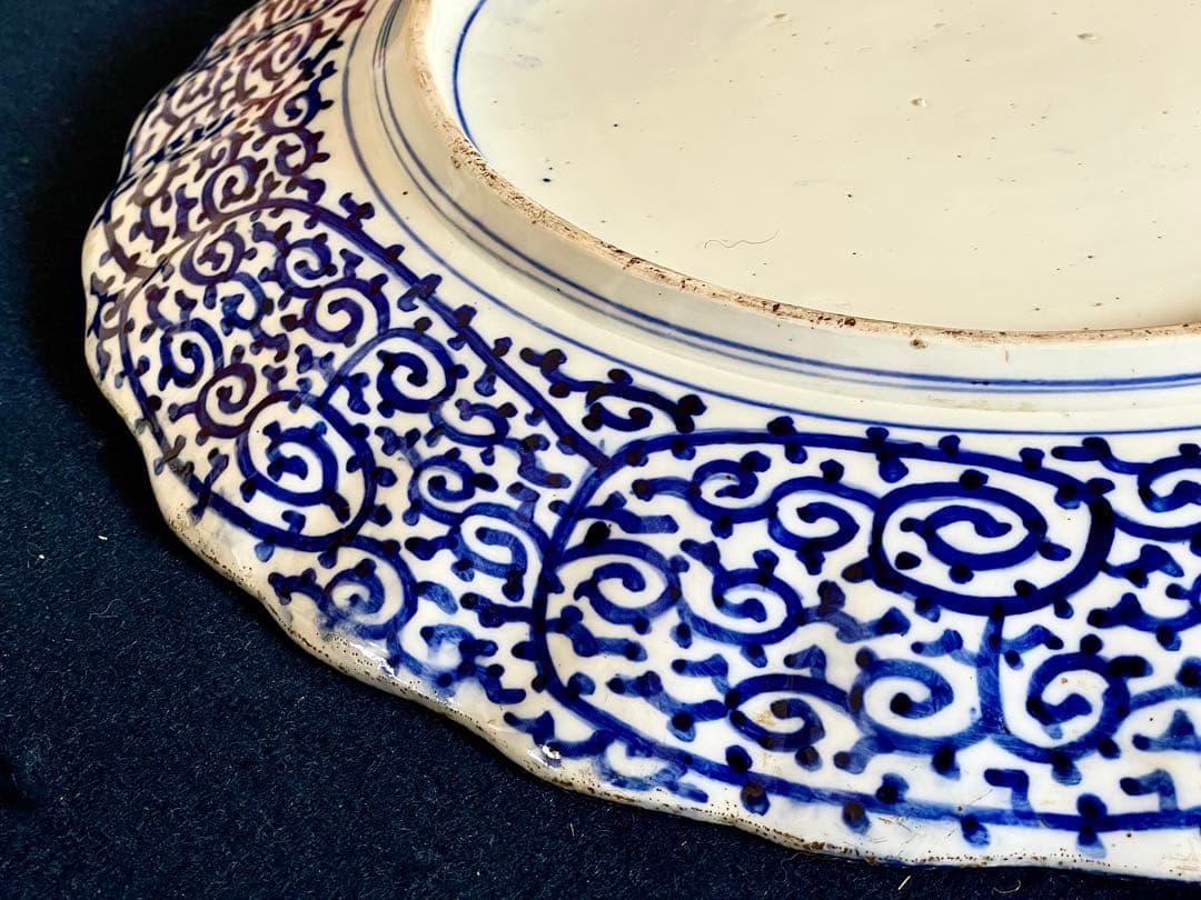 『母』 古伊万里 染付 印判 みじん唐草 尺4寸 大皿 （708D②）