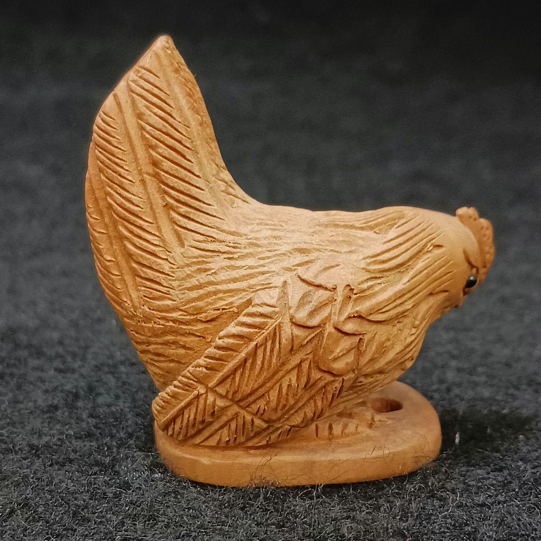 時代物 吉川造 木彫り鶏根付 提物　ひ