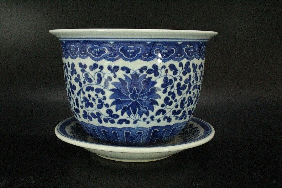 中国美術 青花 纏枝蓮花紋 花盆 盆盤 景徳鎮製 款 N813